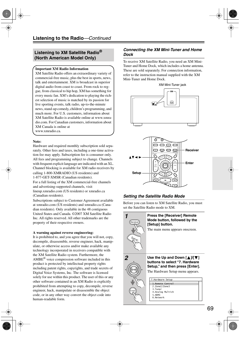 Listening to xm satellite radio, Listening to the radio —continued, North american model only) | Connecting the xm mini-tuner and home dock, Setting the satellite radio mode | Integra DTR-8.8 User Manual | Page 69 / 144