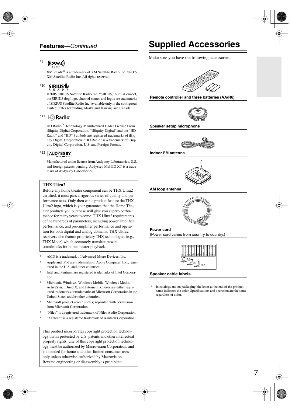 Supplied accessories, Features —continued, Make sure you have the following accessories | Thx ultra2, Speaker cable, Speaker cable labels, 9 xm ready | Integra DTR-8.8 User Manual | Page 7 / 144