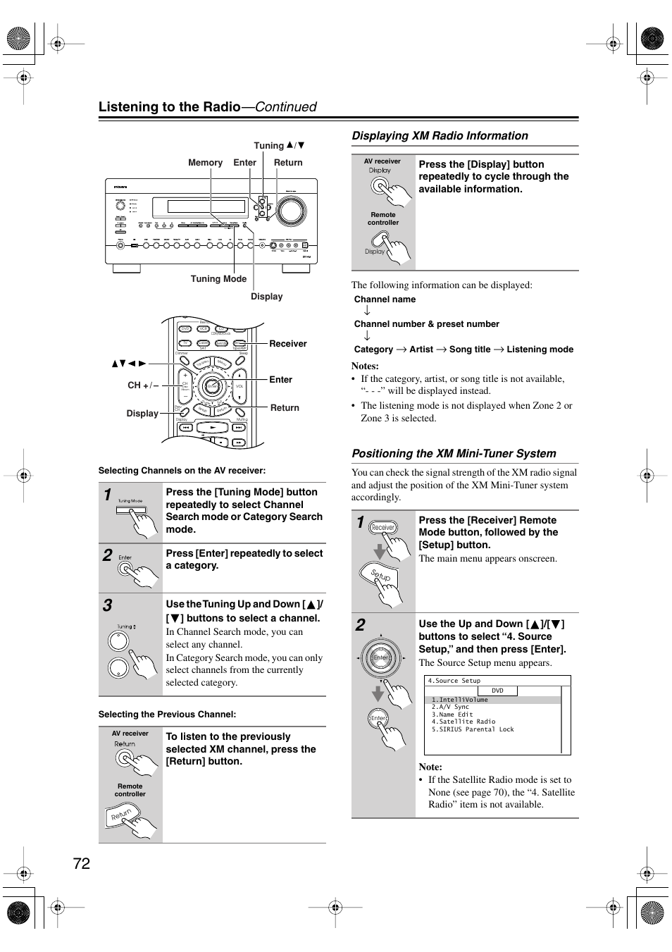 Listening to the radio —continued, Displaying xm radio information, Positioning the xm mini-tuner system | Integra DTR-8.8 User Manual | Page 72 / 144