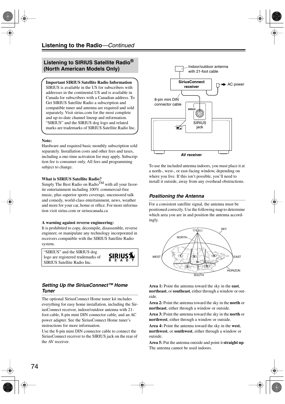 Listening to sirius satellite radio, Listening to the radio —continued | Integra DTR-8.8 User Manual | Page 74 / 144