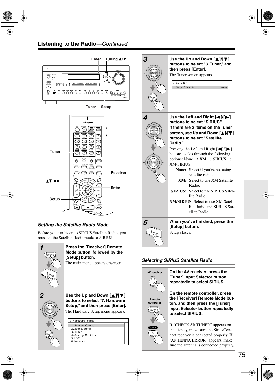 Listening to the radio —continued, Setting the satellite radio mode, Selecting sirius satellite radio | Sirius | Integra DTR-8.8 User Manual | Page 75 / 144