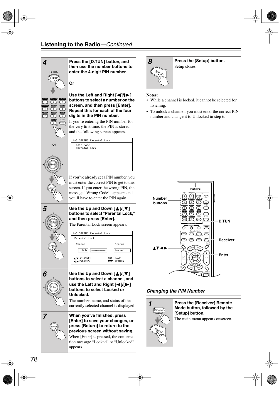 Listening to the radio —continued, Changing the pin number, Press the [setup] button. setup closes | Integra DTR-8.8 User Manual | Page 78 / 144