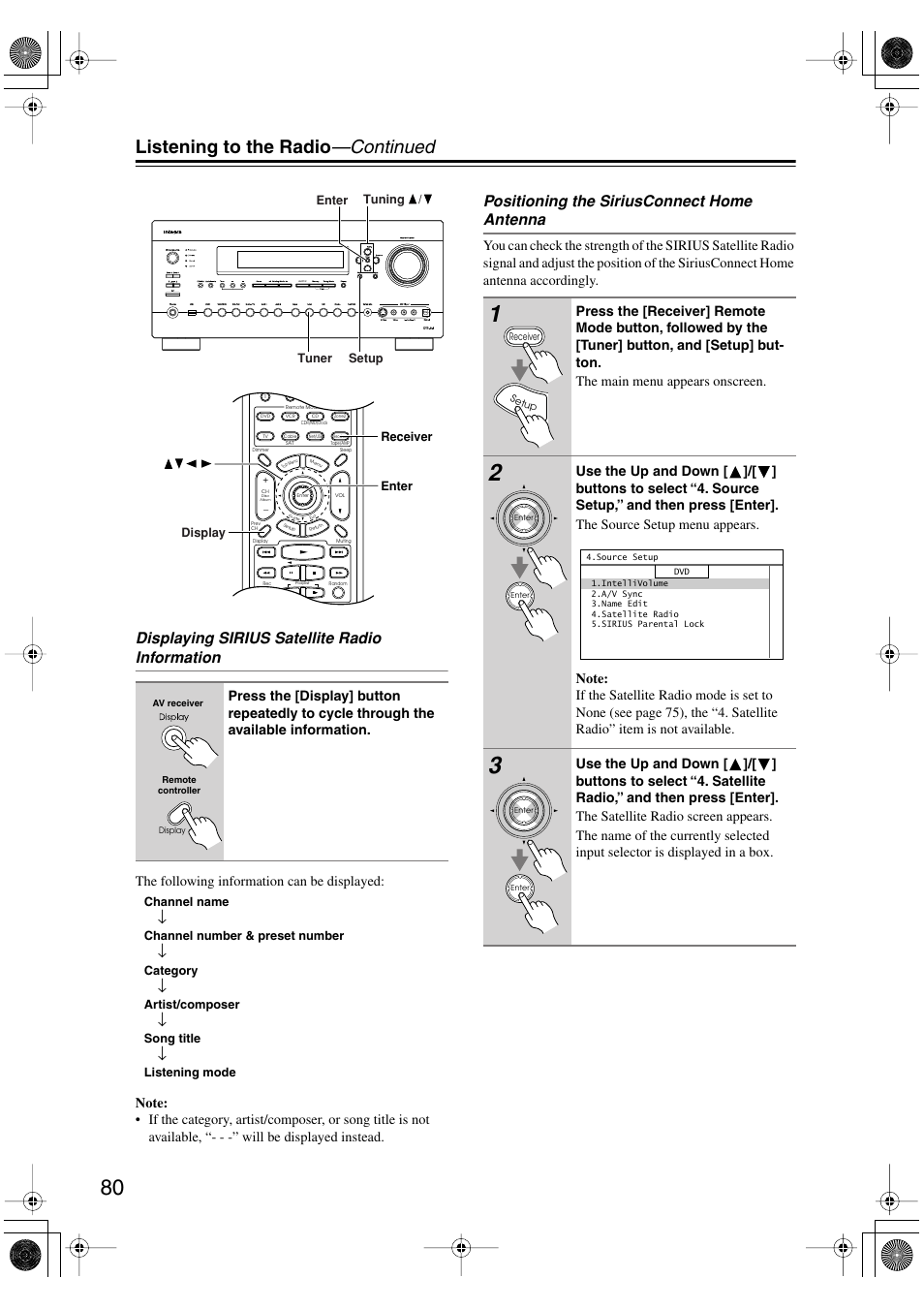 Listening to the radio —continued, Displaying sirius satellite radio information, Positioning the siriusconnect home antenna | Integra DTR-8.8 User Manual | Page 80 / 144