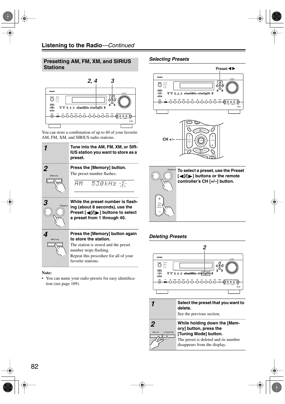 Presetting am, fm, xm, and sirius stations, Utton (82), Listening to the radio —continued | Selecting presets deleting presets | Integra DTR-8.8 User Manual | Page 82 / 144