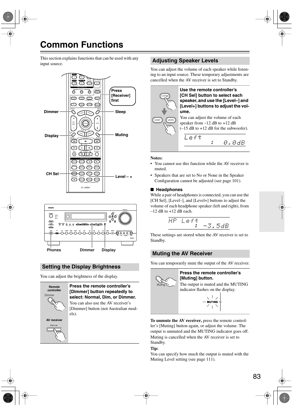 Common functions, Setting the display brightness, Adjusting speaker levels | Muting the av receiver, Muting indicator (83), Utton (83), Uttons (83 | Integra DTR-8.8 User Manual | Page 83 / 144