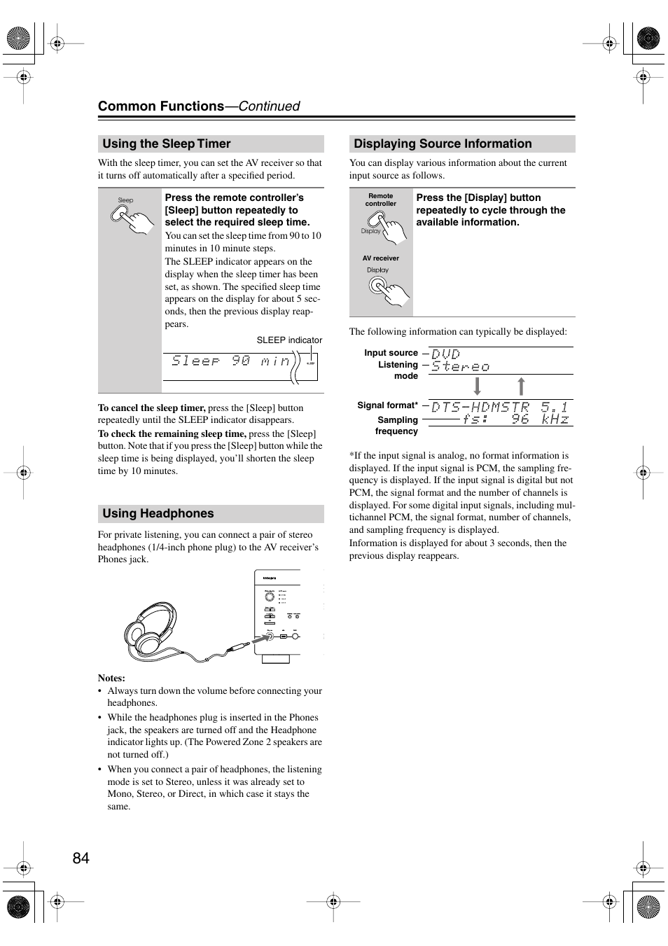 Using the sleep timer, Using headphones, Displaying source information | Utton (84), K (84), Sleep indicator (84), Headphone indicator (84), Common functions —continued | Integra DTR-8.8 User Manual | Page 84 / 144