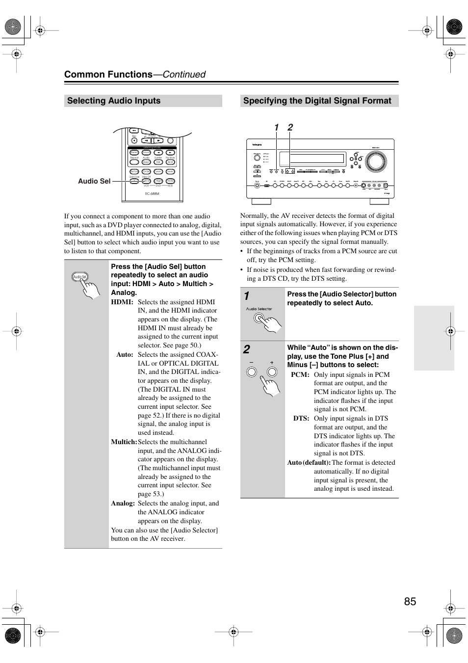 Selecting audio inputs, Specifying the digital signal format, Utton (85) | Common functions —continued | Integra DTR-8.8 User Manual | Page 85 / 144