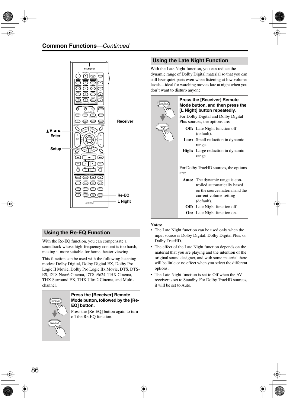 Using the re-eq function, Using the late night function, Utton (86) | Common functions —continued, Setup receiver l night re-eq enter | Integra DTR-8.8 User Manual | Page 86 / 144