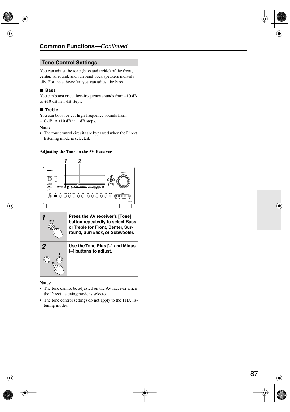 Tone control settings, Uttons (87 | Integra DTR-8.8 User Manual | Page 87 / 144