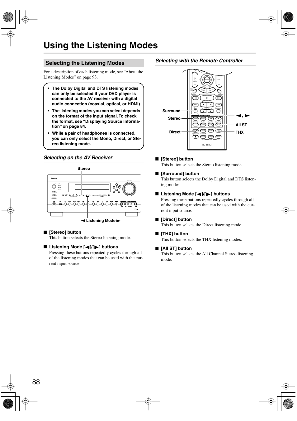 Using the listening modes, Selecting the listening modes, Utton (88) | Uttons (88), S (88), Selecting on the av receiver, Selecting with the remote controller | Integra DTR-8.8 User Manual | Page 88 / 144