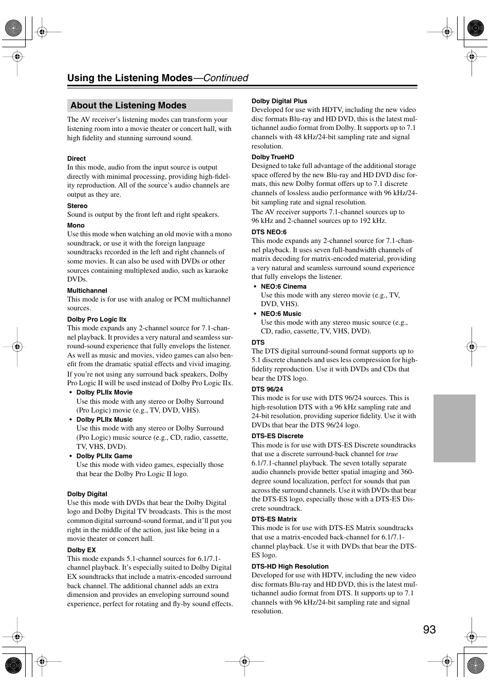 About the listening modes, Using the listening modes —continued | Integra DTR-8.8 User Manual | Page 93 / 144