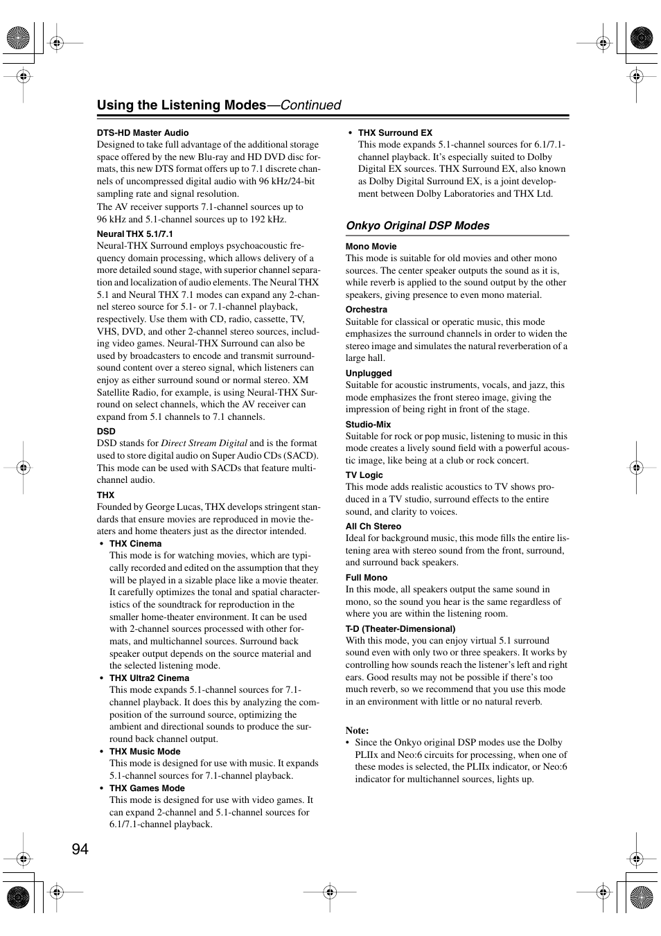 Using the listening modes —continued | Integra DTR-8.8 User Manual | Page 94 / 144