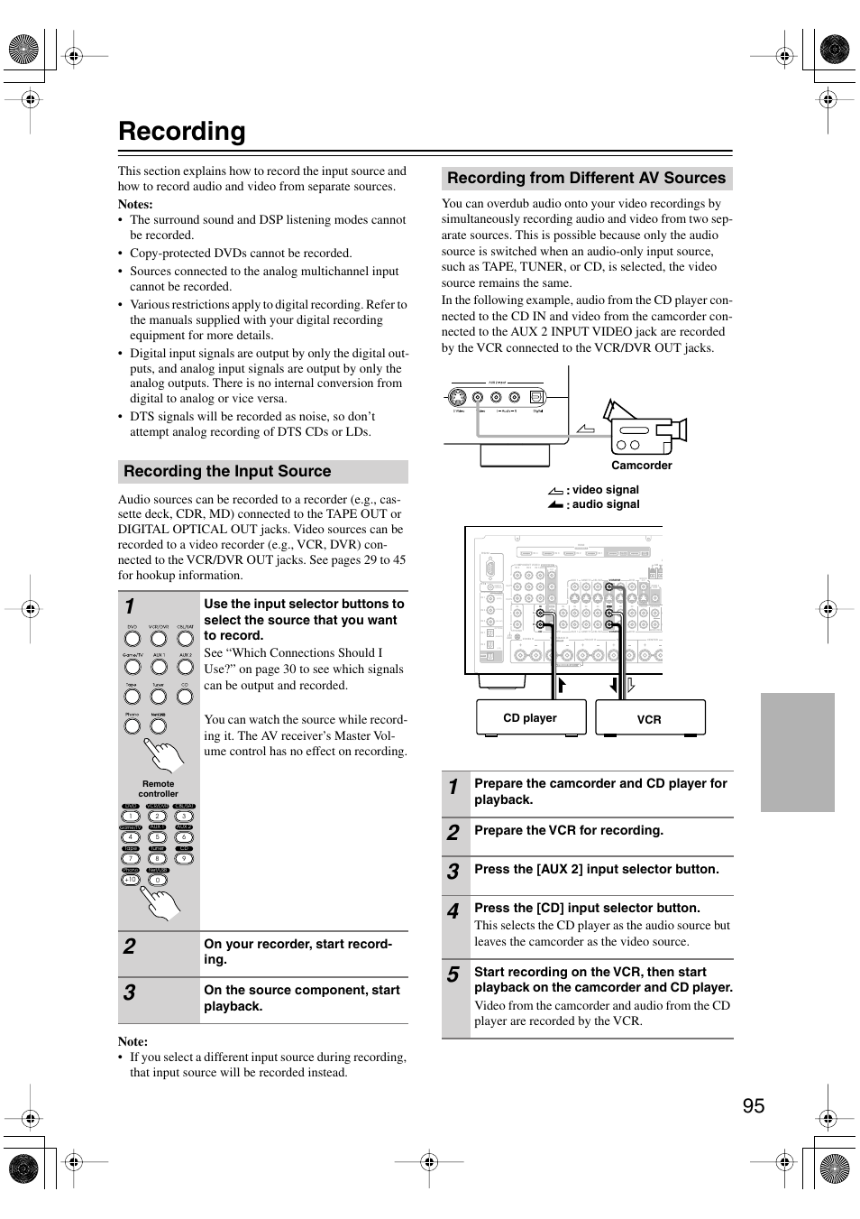 Recording, Recording the input source, Recording from different av sources | On your recorder, start record- ing, On the source component, start playback, Prepare the camcorder and cd player for playback, Prepare the vcr for recording, Press the [aux 2] input selector button, Bi-amp | Integra DTR-8.8 User Manual | Page 95 / 144