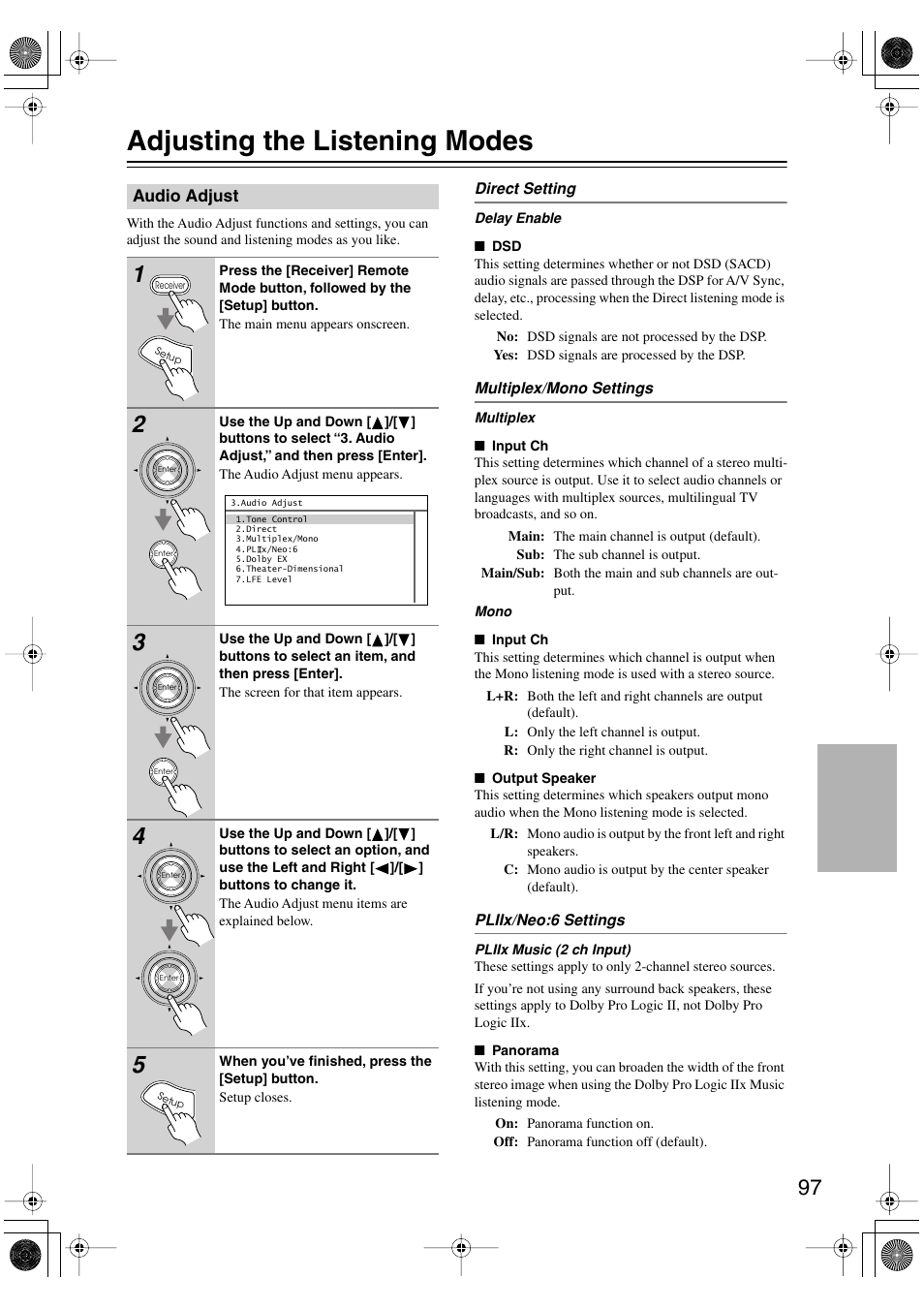 Adjusting the listening modes, Audio adjust | Integra DTR-8.8 User Manual | Page 97 / 144
