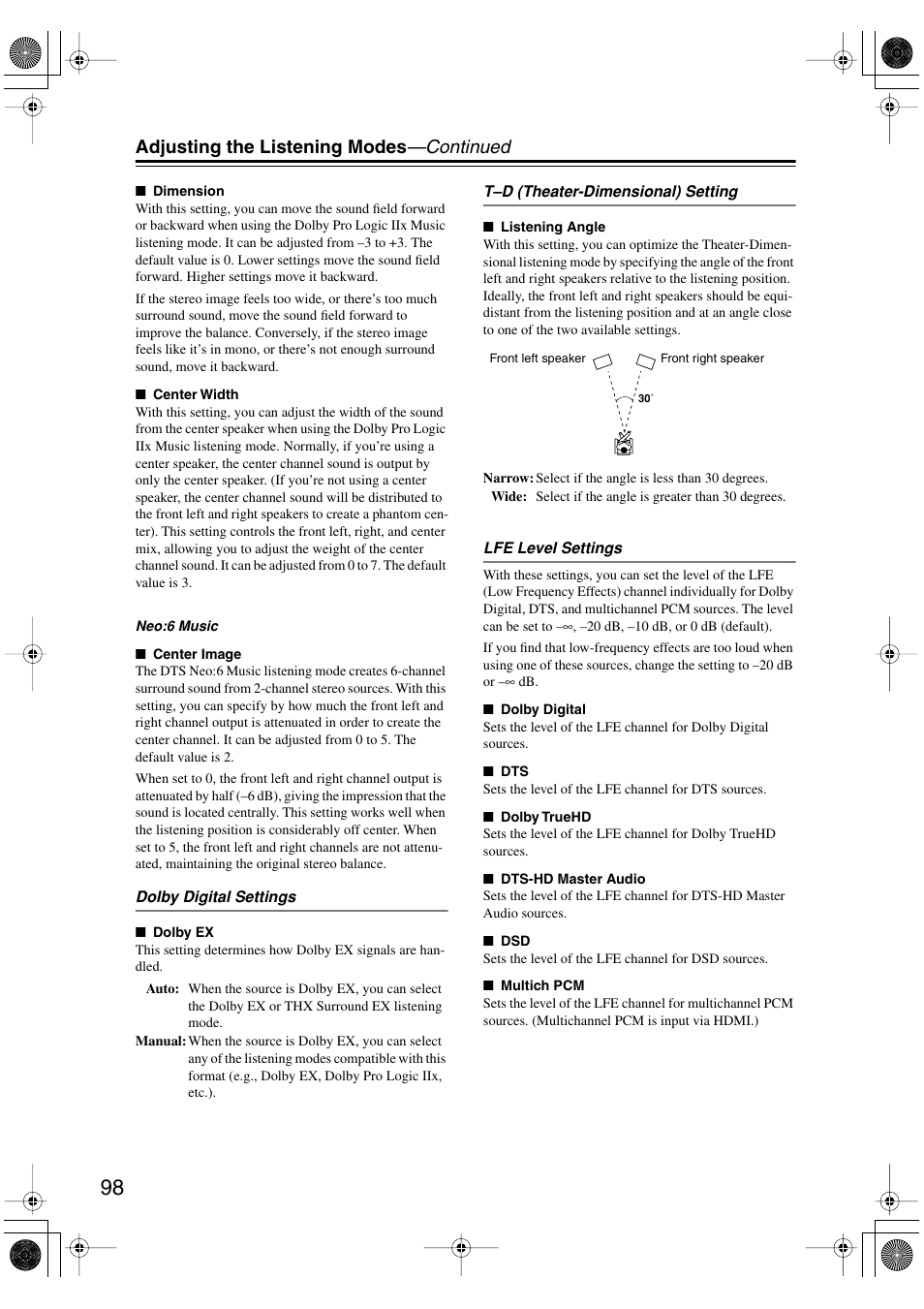 Adjusting the listening modes —continued | Integra DTR-8.8 User Manual | Page 98 / 144