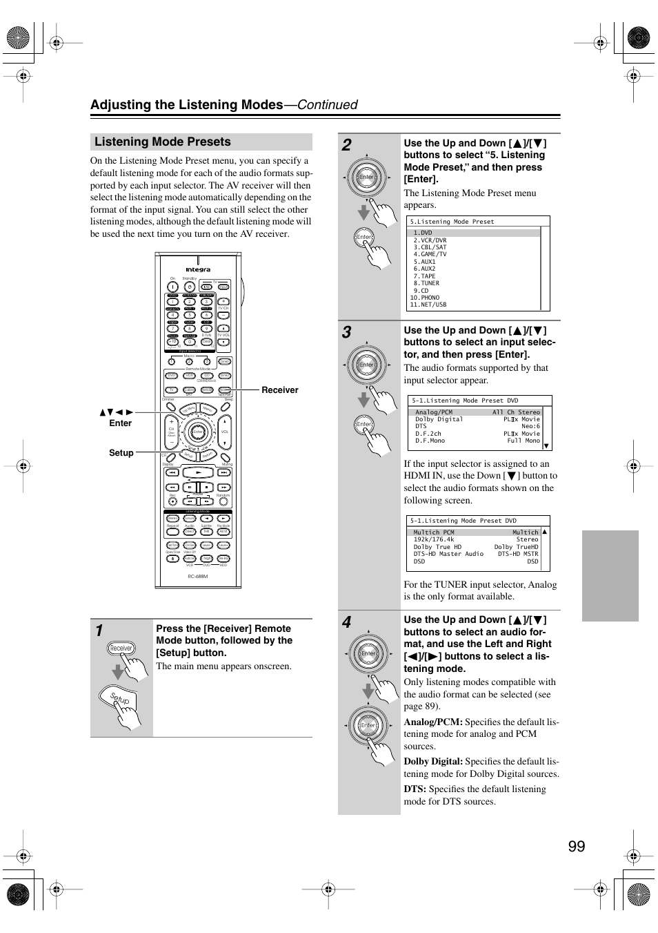 Listening mode presets, Adjusting the listening modes —continued | Integra DTR-8.8 User Manual | Page 99 / 144