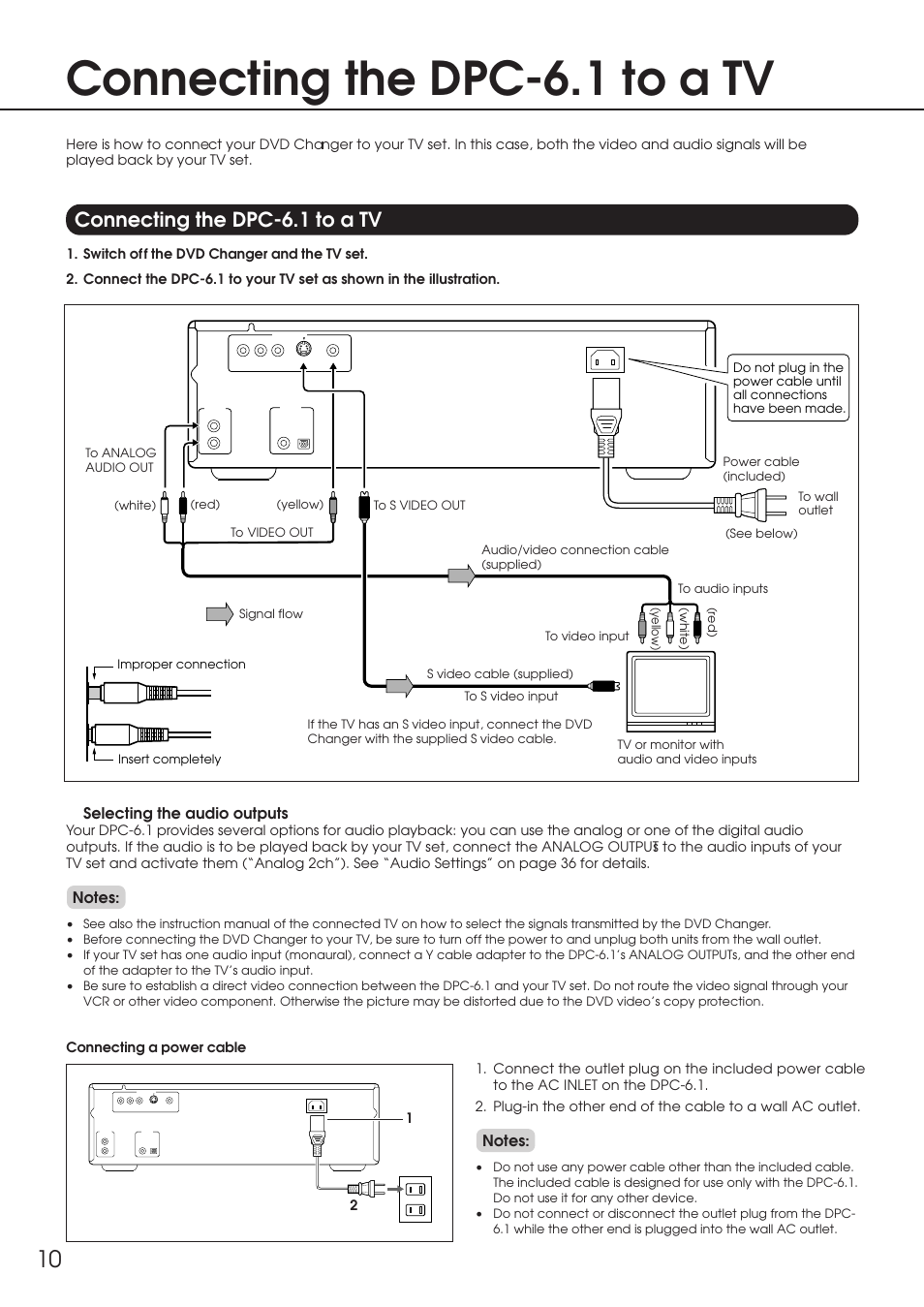 Connecting the dpc-6.1 to a tv, Selecting the audio outputs | Integra DPC-6.1 User Manual | Page 10 / 44