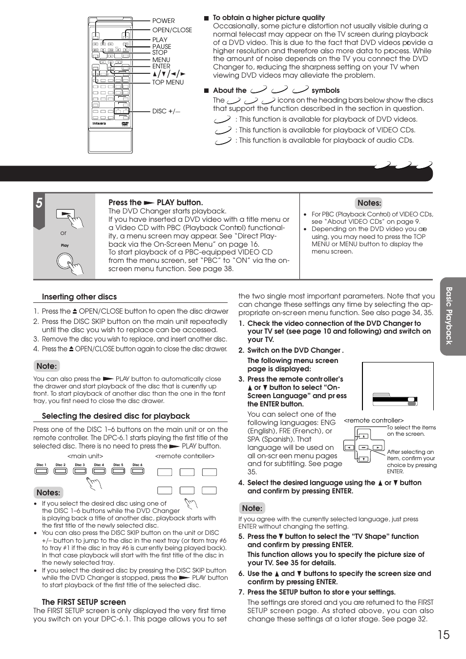 Press the play button, Inserting other discs, Selecting the desired disc for playback | The first setup screen | Integra DPC-6.1 User Manual | Page 15 / 44