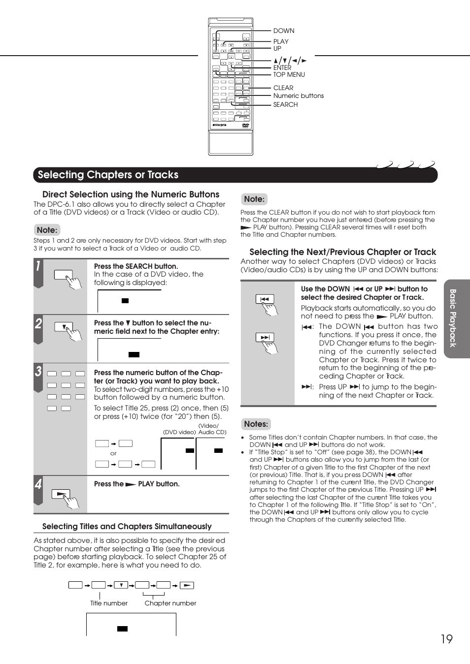 Selecting chapters or tracks, Direct selection using the numeric buttons, Selecting the next/previous chapter or track | Selecting titles and chapters simultaneously | Integra DPC-6.1 User Manual | Page 19 / 44