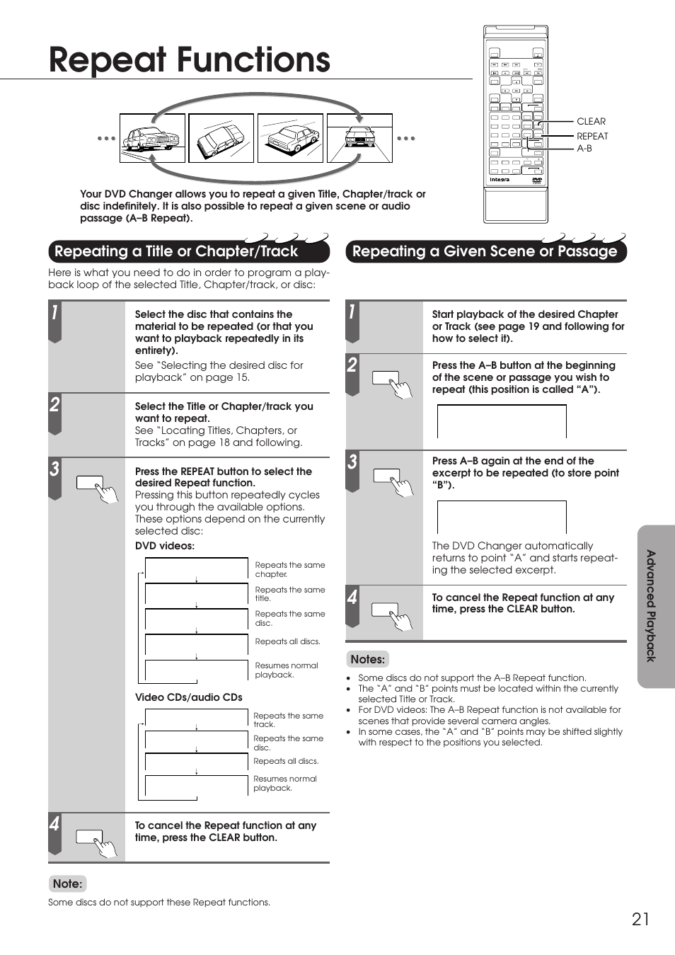 Repeat functions, Repeating a title or chapter/track, Repeating a given scene or passage | Integra DPC-6.1 User Manual | Page 21 / 44