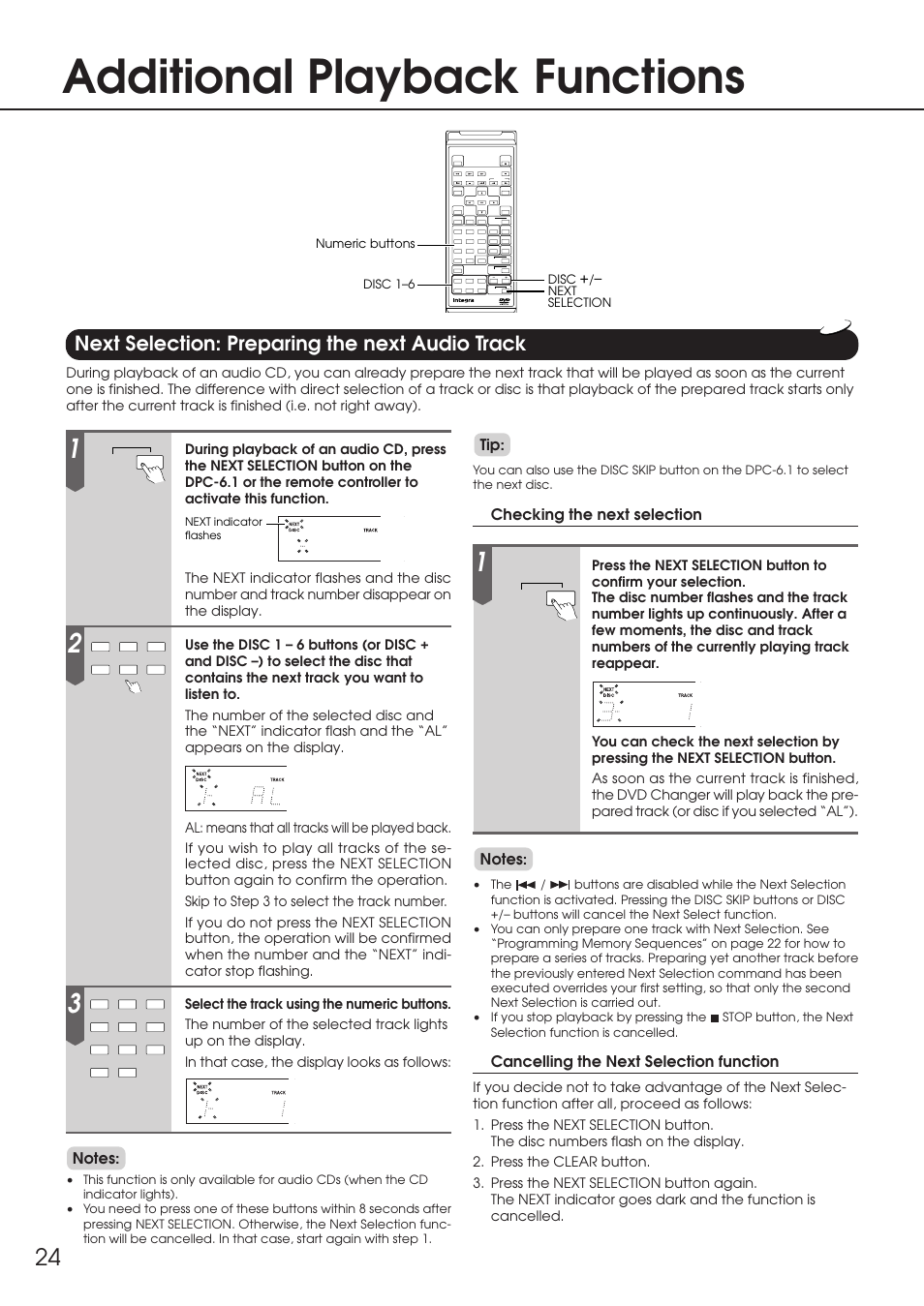 Additional playback functions, Next selection: preparing the next, Next selection: preparing the next audio track | Checking the next selection, Cancelling the next selection function | Integra DPC-6.1 User Manual | Page 24 / 44