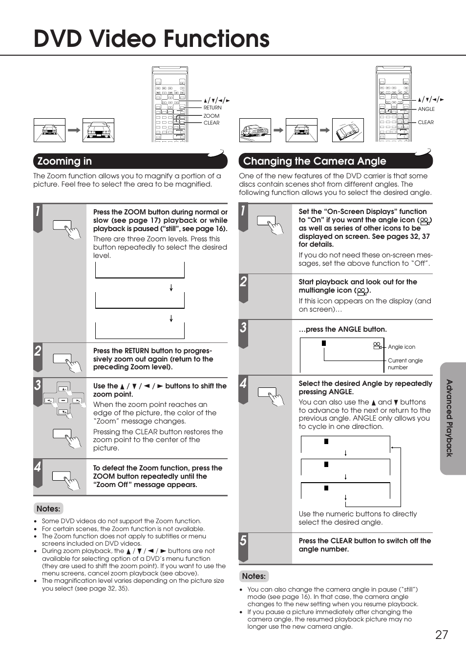 Dvd video functions, Zooming in, Changing the camera angle | Zooming in changing the camera angle | Integra DPC-6.1 User Manual | Page 27 / 44