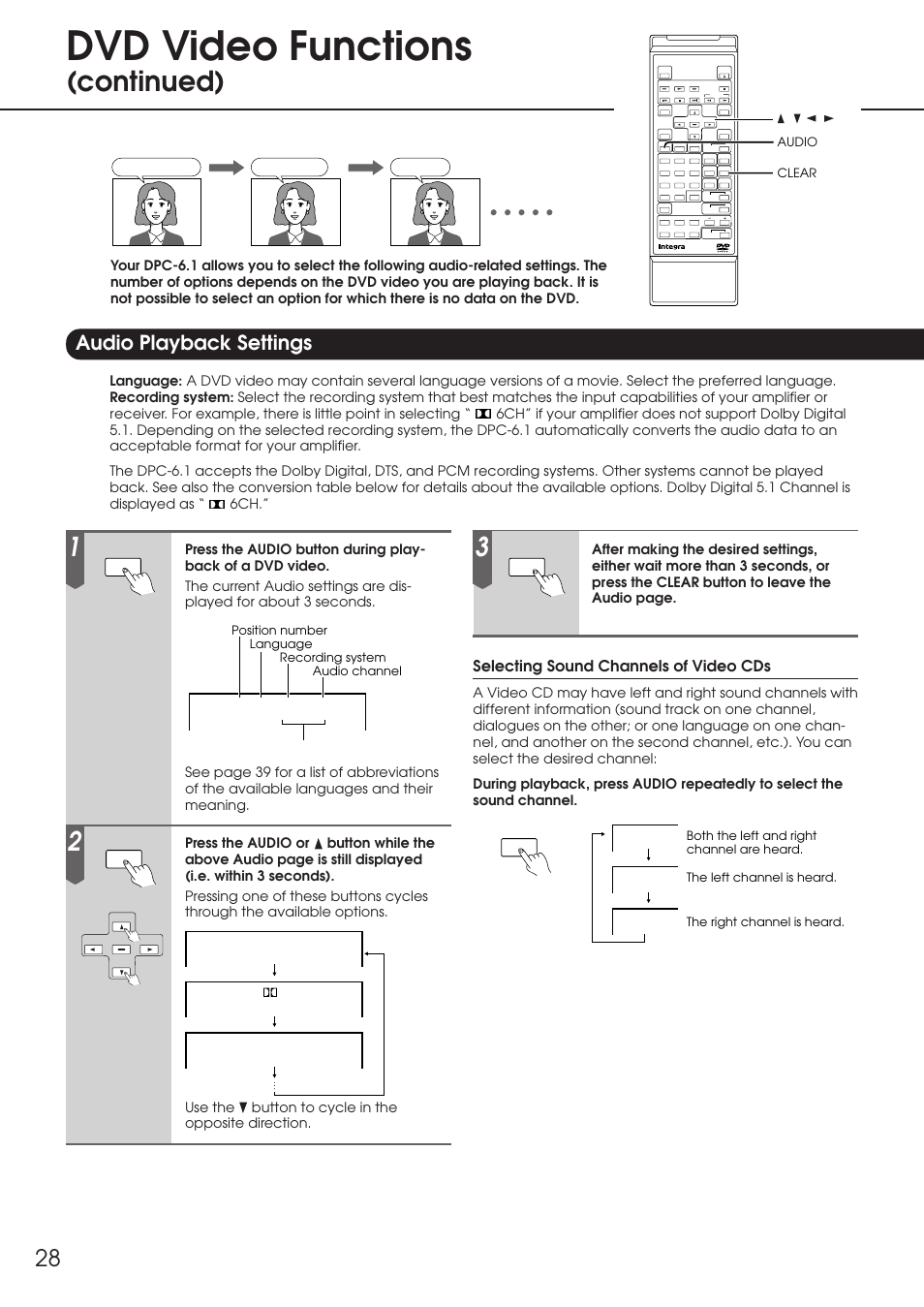 Audio playback settings, Dvd video functions, Continued) | Selecting sound channels of video cds | Integra DPC-6.1 User Manual | Page 28 / 44