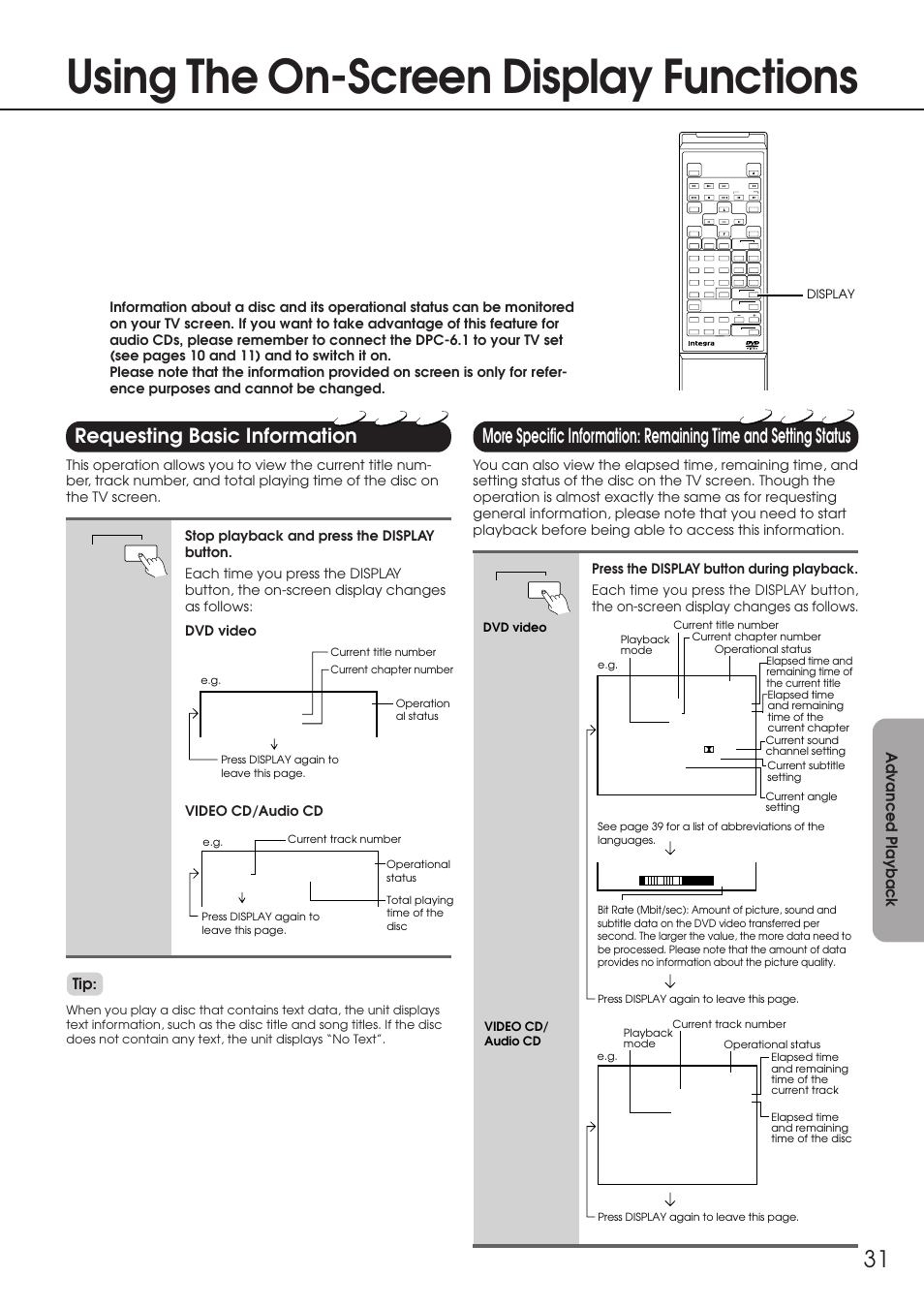 Using the on-screen display functions, Requesting basic information, More specific information | Integra DPC-6.1 User Manual | Page 31 / 44