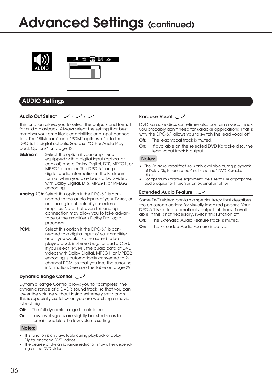 Audio settings, Advanced settings, Continued) | Integra DPC-6.1 User Manual | Page 36 / 44
