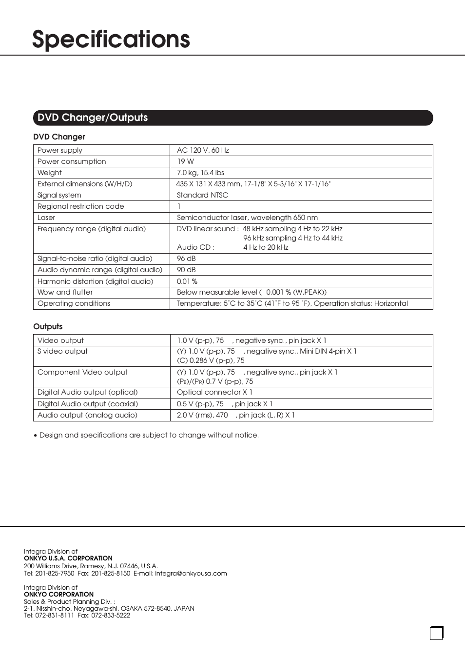 Specifications, Dvd changer/outputs | Integra DPC-6.1 User Manual | Page 44 / 44