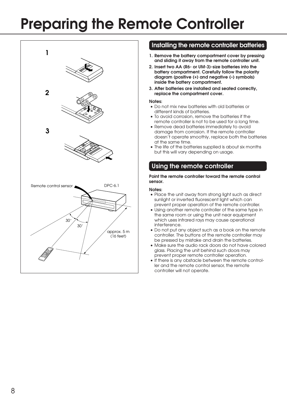 Preparing the remote controller, Installing the remote controller batteries, Using the remote controller | Integra DPC-6.1 User Manual | Page 8 / 44