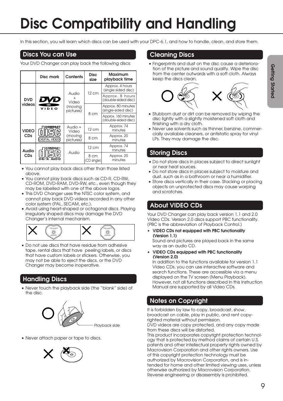 Disc compatibility and handling, Discs you can use, Handling discs | Cleaning discs, Storing discs, About video cds, Notes on copyright | Integra DPC-6.1 User Manual | Page 9 / 44