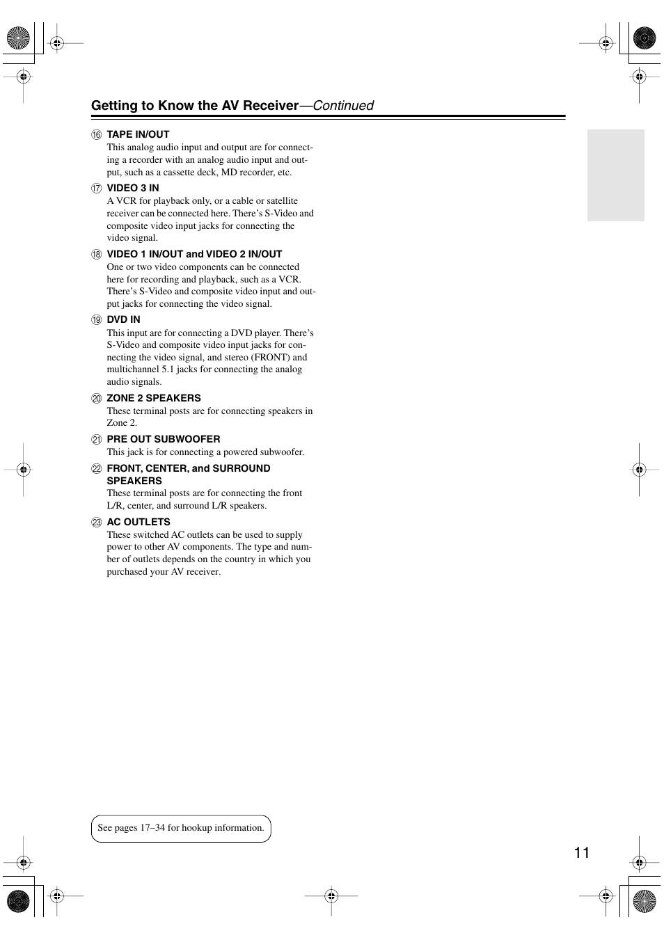 Getting to know the av receiver —continued | Integra DTR-4.6 User Manual | Page 11 / 80