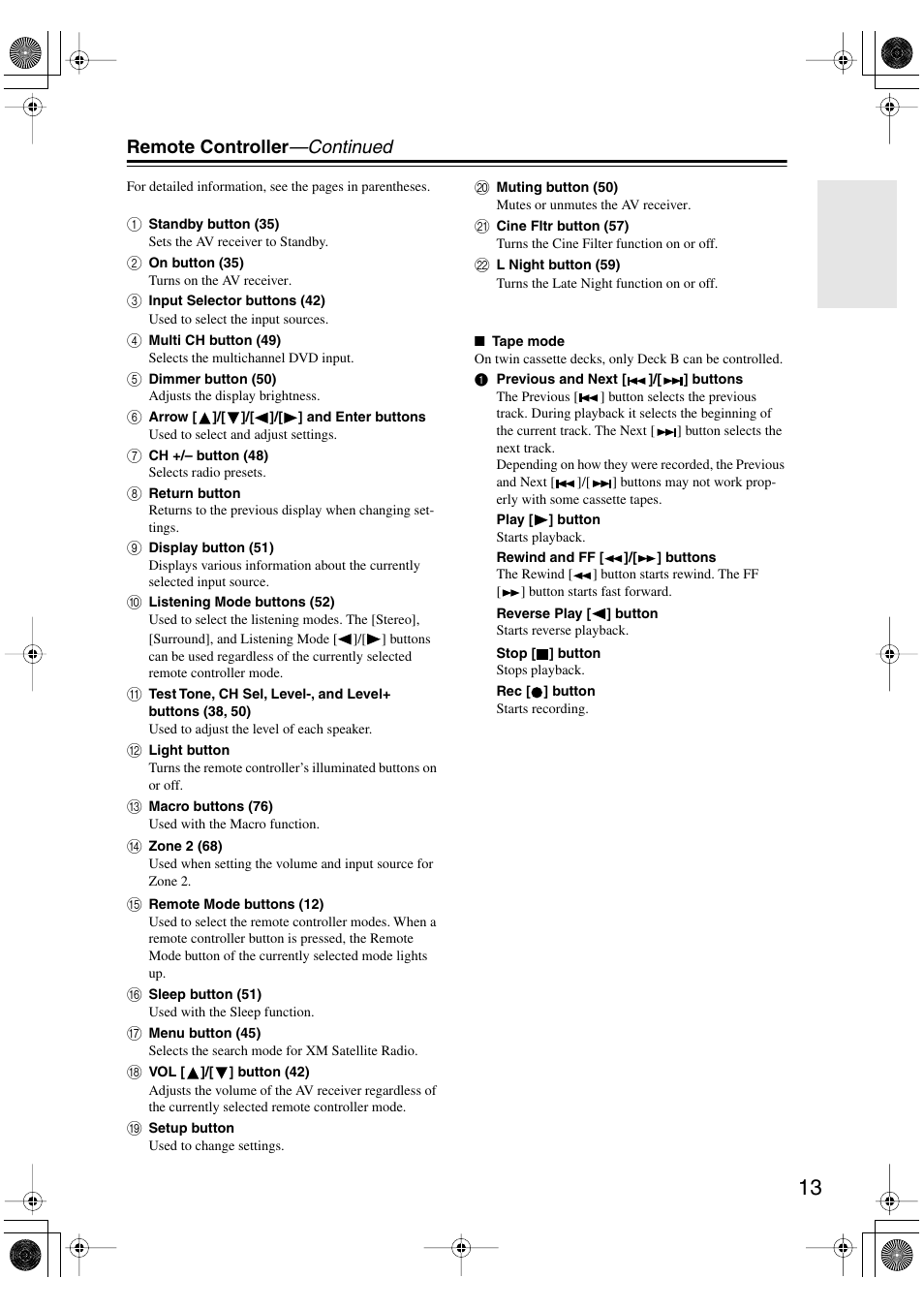 Remote controller —continued | Integra DTR-4.6 User Manual | Page 13 / 80