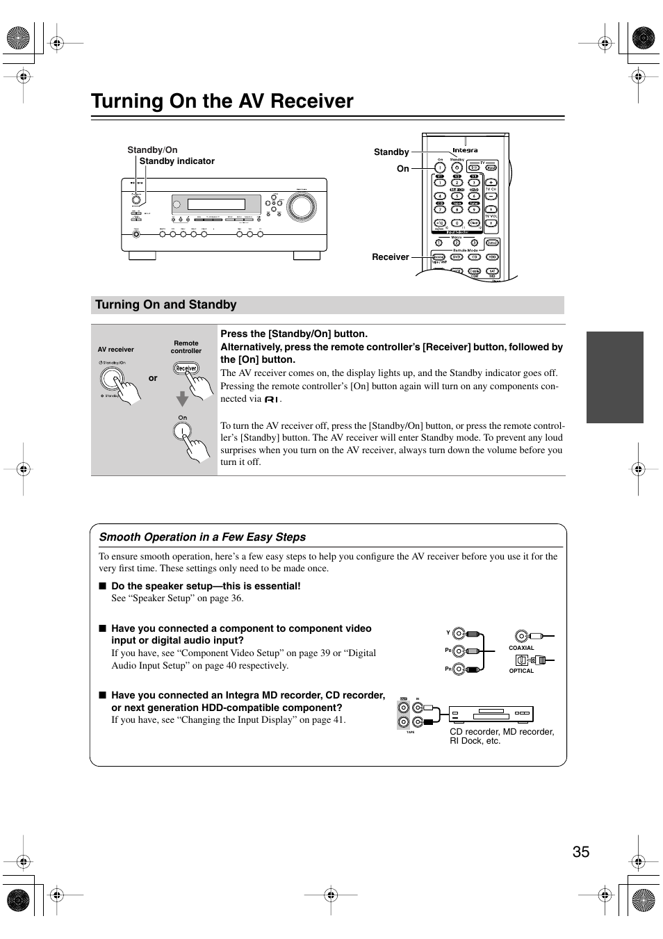 Turning on the av receiver, Turning on and standby, Smooth operation in a few easy steps | Integra DTR-4.6 User Manual | Page 35 / 80