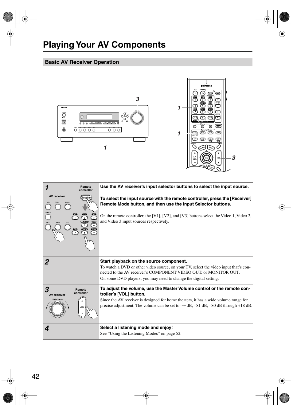 Playing your av components | Integra DTR-4.6 User Manual | Page 42 / 80