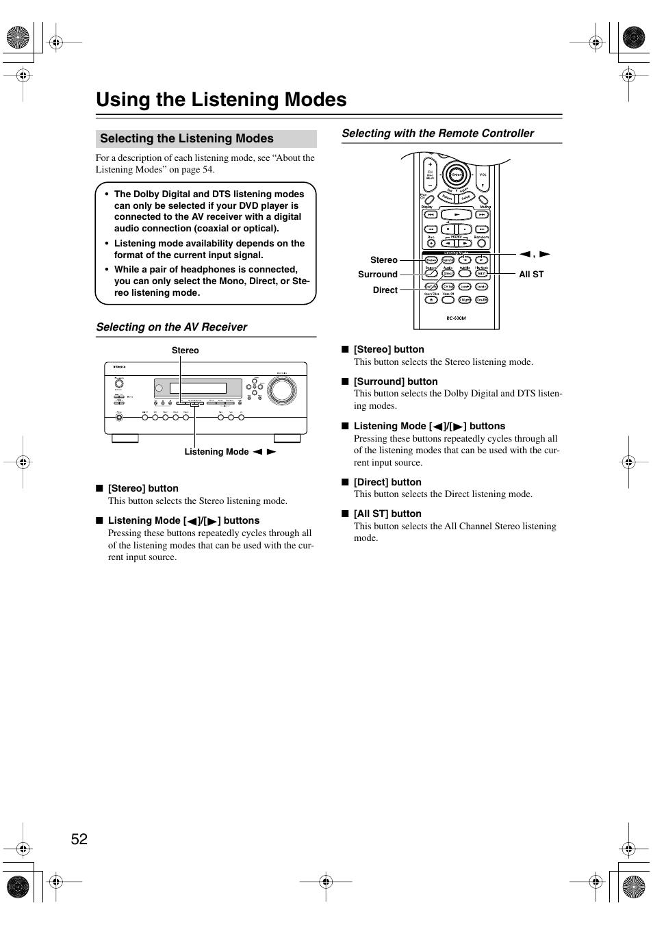 Using the listening modes | Integra DTR-4.6 User Manual | Page 52 / 80