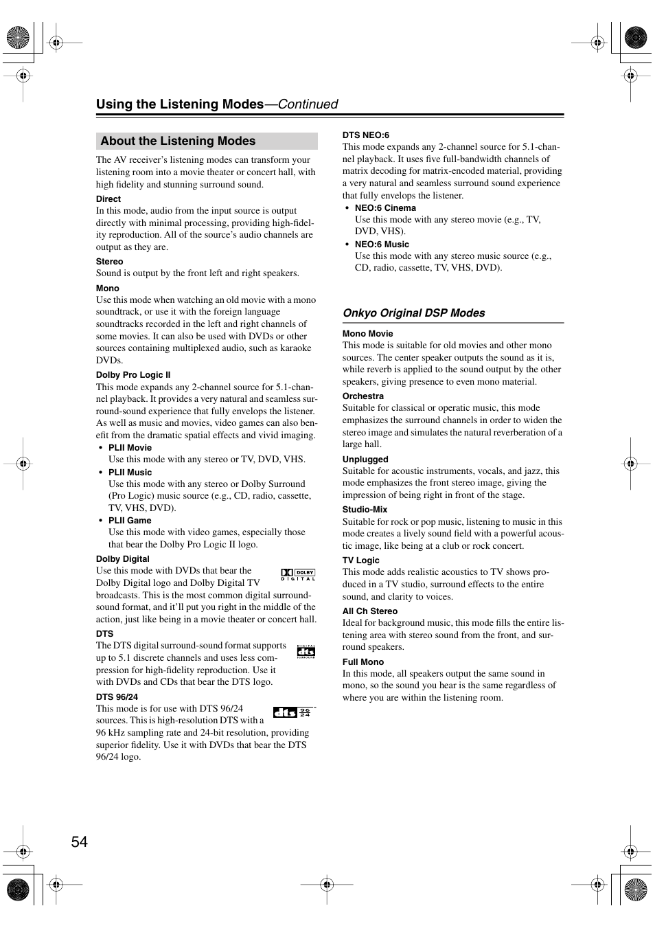 Using the listening modes —continued | Integra DTR-4.6 User Manual | Page 54 / 80