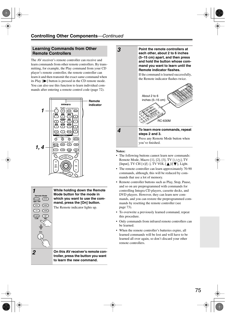 Controlling other components —continued, Learning commands from other remote controllers, Remote indicator | Integra DTR-4.6 User Manual | Page 75 / 80