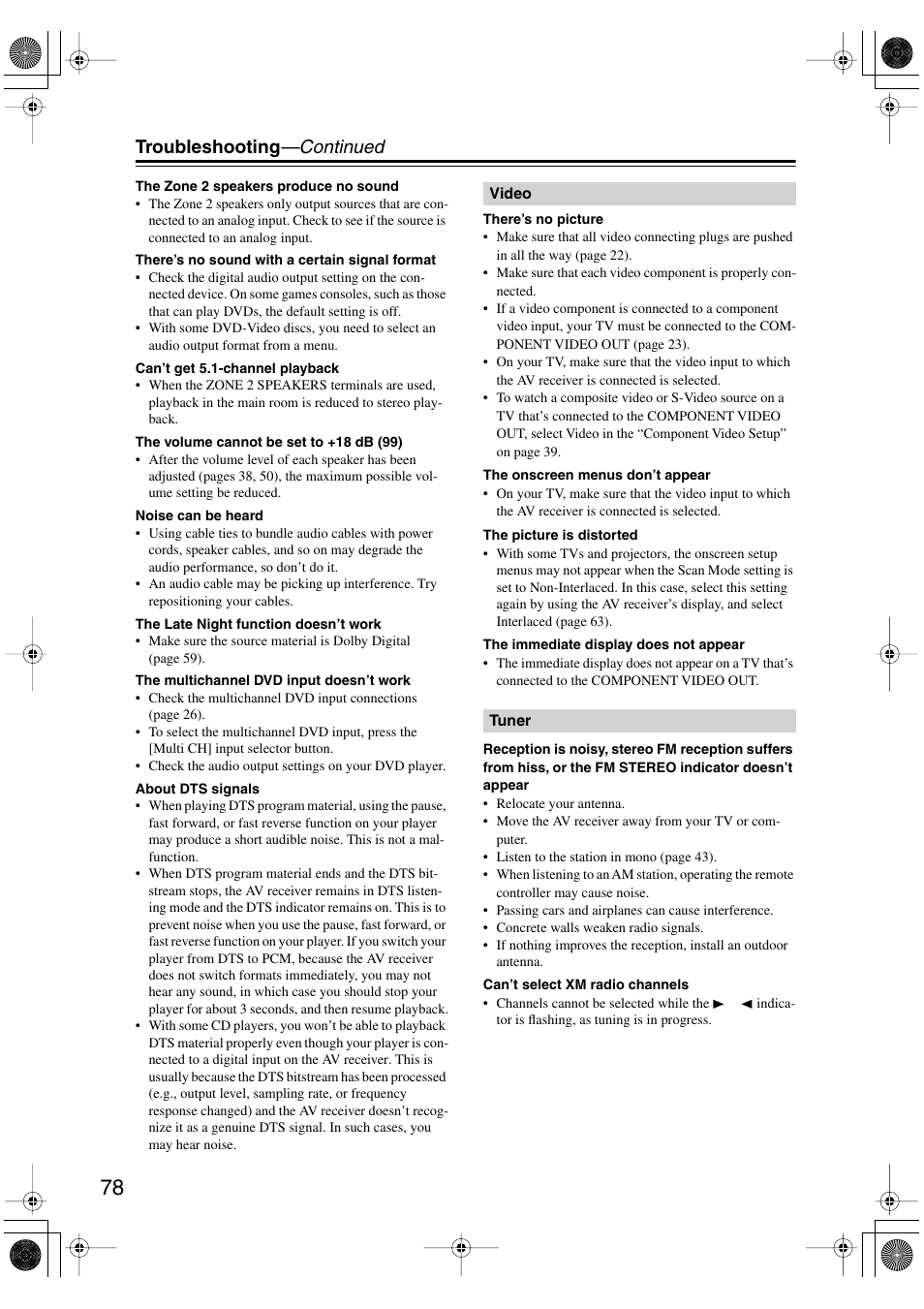 Troubleshooting —continued | Integra DTR-4.6 User Manual | Page 78 / 80