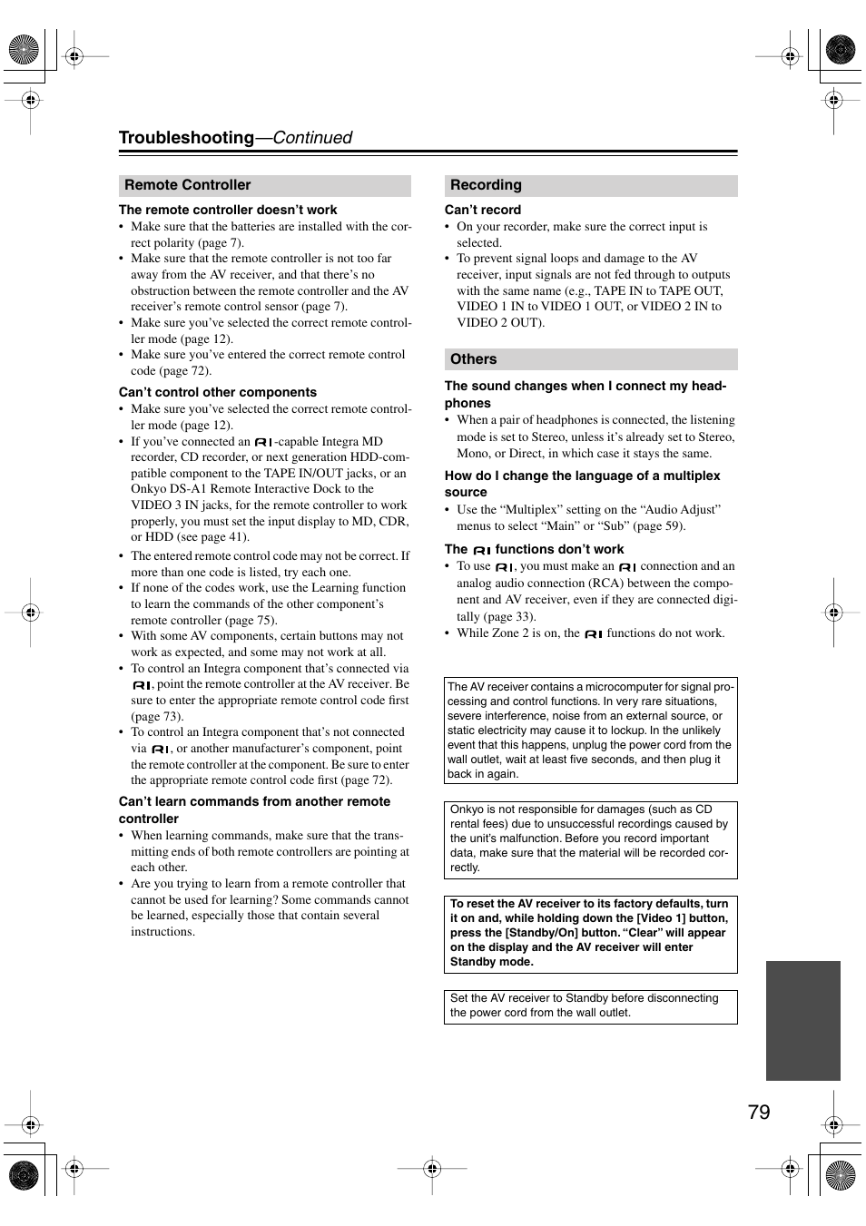 Troubleshooting —continued | Integra DTR-4.6 User Manual | Page 79 / 80