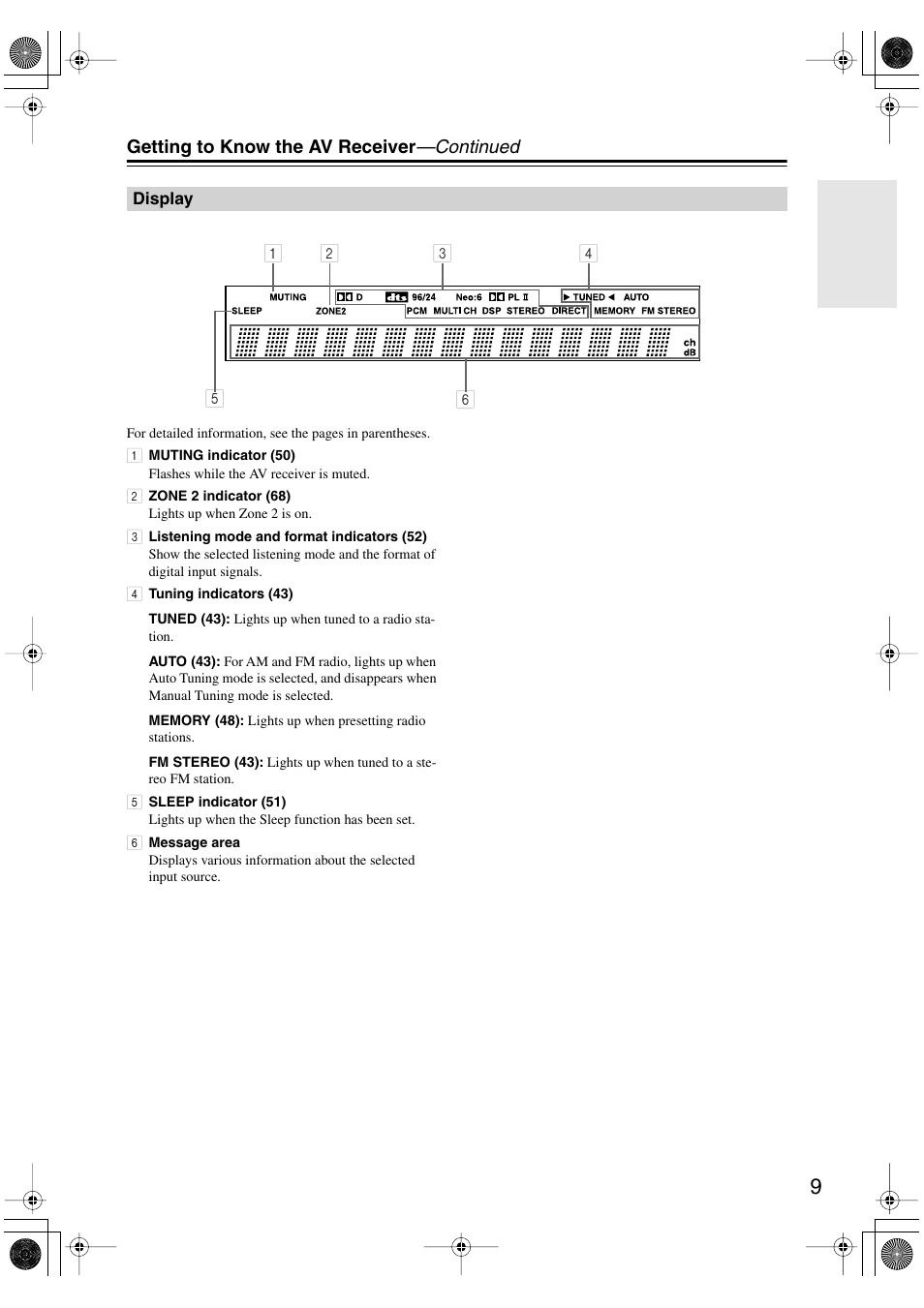 Getting to know the av receiver —continued | Integra DTR-4.6 User Manual | Page 9 / 80