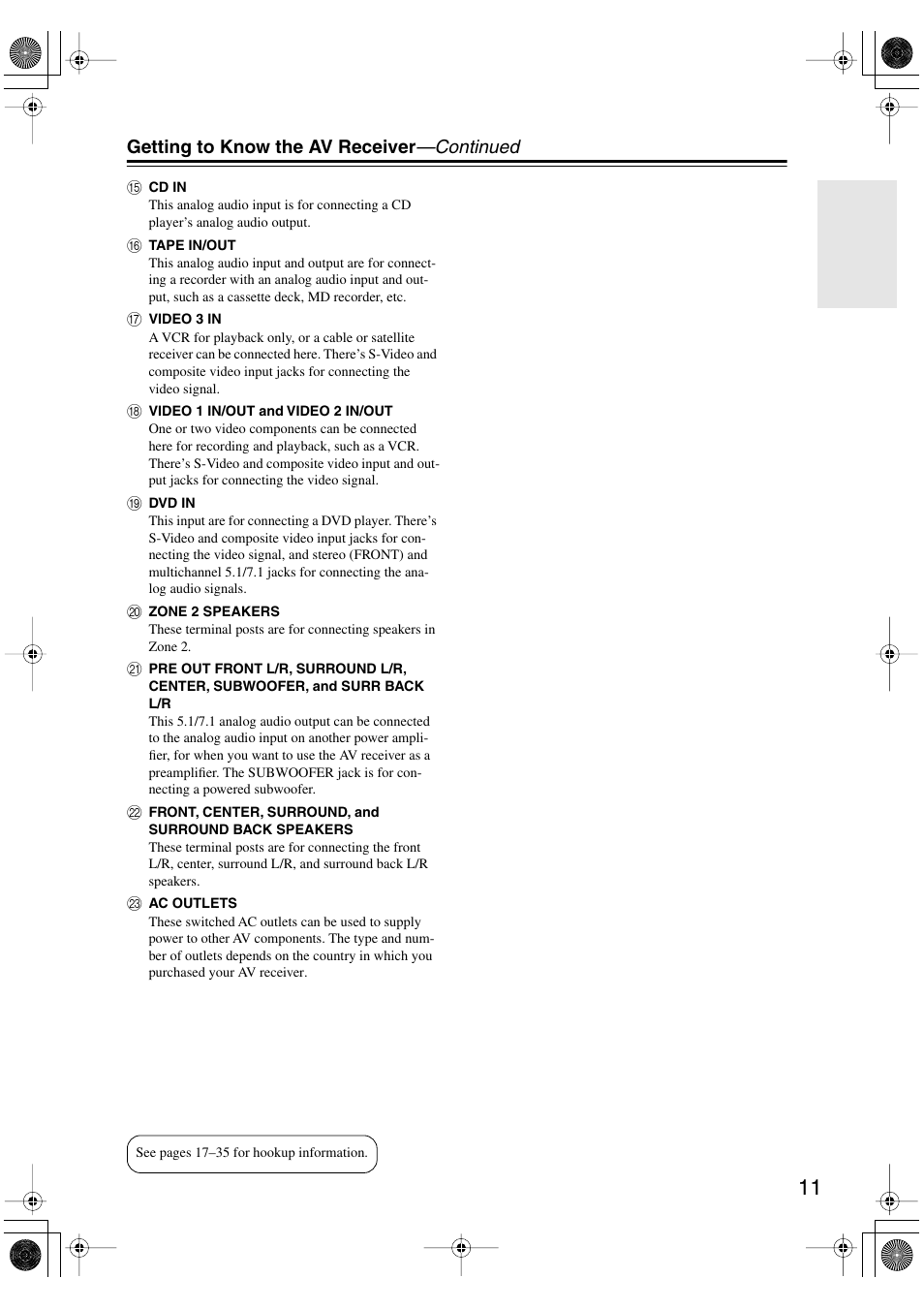 Getting to know the av receiver —continued | Integra DTR-5.6 User Manual | Page 11 / 88