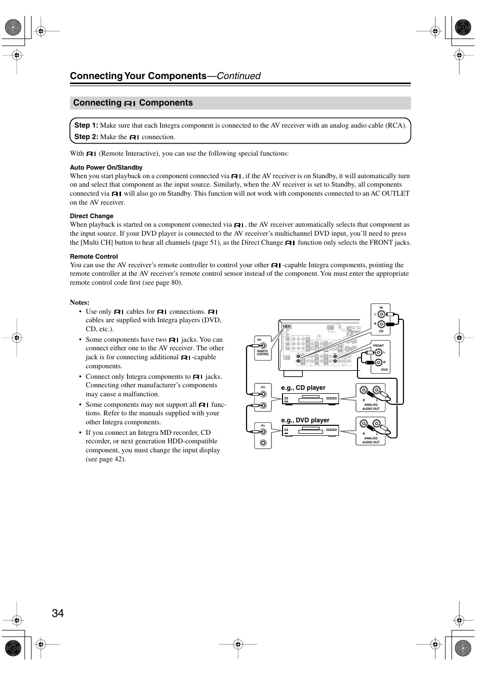 Connecting your components —continued, Connecting components | Integra DTR-5.6 User Manual | Page 34 / 88