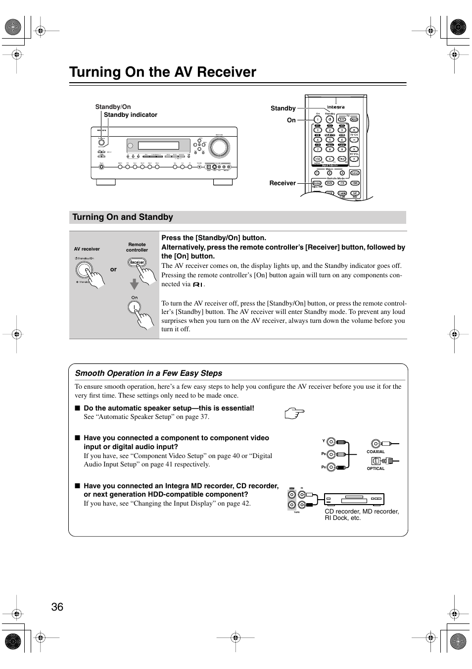 Turning on the av receiver, Turning on and standby | Integra DTR-5.6 User Manual | Page 36 / 88