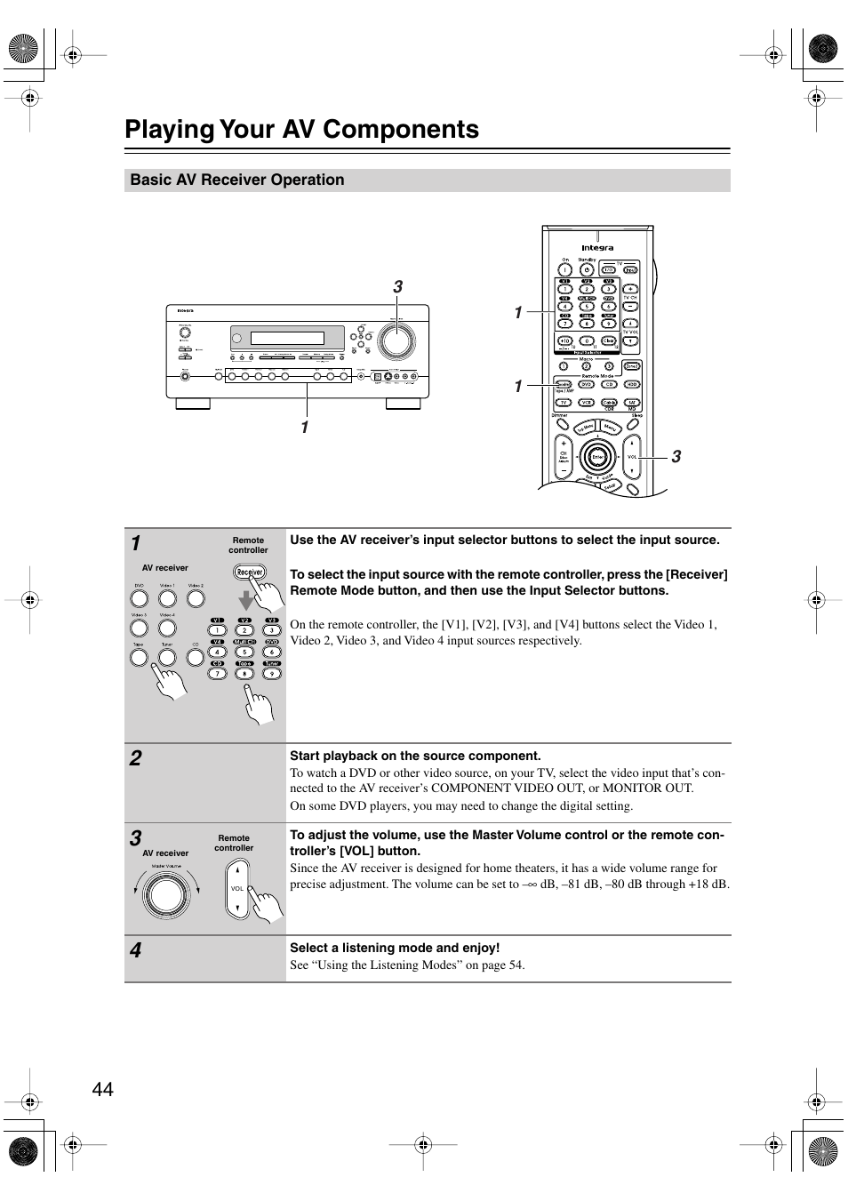 Playing your av components | Integra DTR-5.6 User Manual | Page 44 / 88