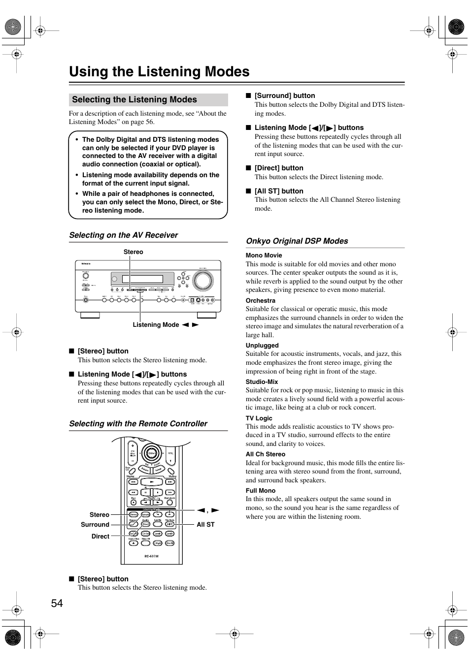 Using the listening modes | Integra DTR-5.6 User Manual | Page 54 / 88
