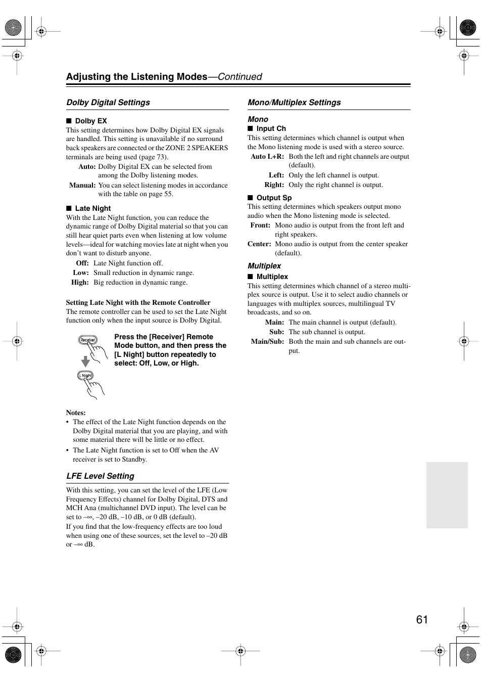 Adjusting the listening modes —continued | Integra DTR-5.6 User Manual | Page 61 / 88