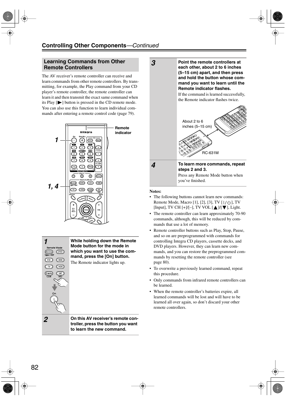 Controlling other components —continued, Learning commands from other remote controllers, Remote indicator | Integra DTR-5.6 User Manual | Page 82 / 88