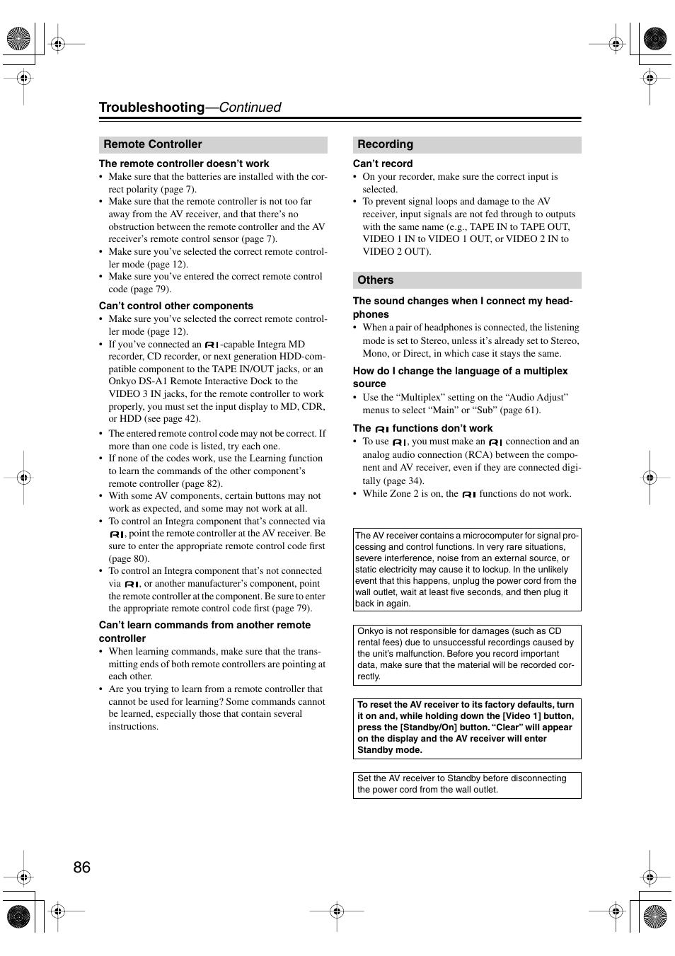 Troubleshooting —continued | Integra DTR-5.6 User Manual | Page 86 / 88